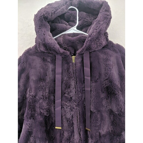 EXPRESS Faux Fur Hooded Deep Purple Teddy Jacket Sz Small w/ Gold Accents - Picture 5 of 14